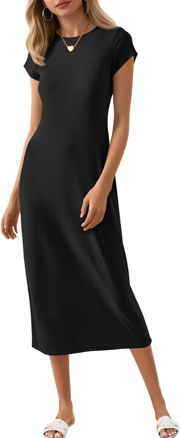 Wenrine Women's Short Sleeve T-Shirt Dress Summer Crew Neck Basic Solid Casual Long Midi Dresses