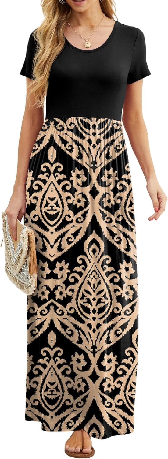 GRECERELLE Women Summer Casual Maxi Long Dress Short Sleeve Crew Neck with Pockets, Size S-3XL