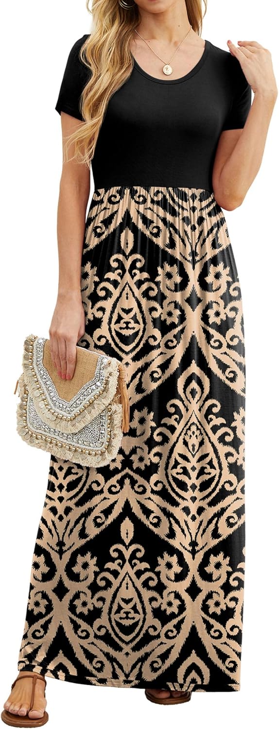 GRECERELLE Women Summer Casual Maxi Long Dress Short Sleeve Crew Neck with Pockets, Size S-3XL