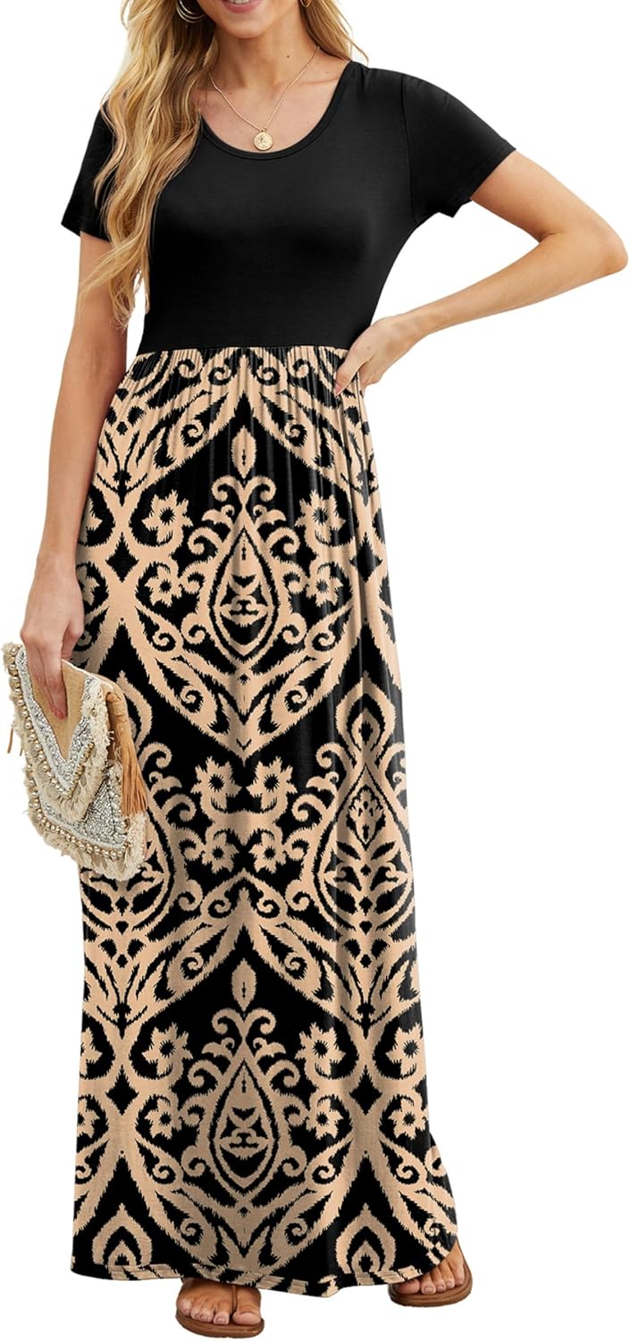 GRECERELLE Women Summer Casual Maxi Long Dress Short Sleeve Crew Neck with Pockets, Size S-3XL