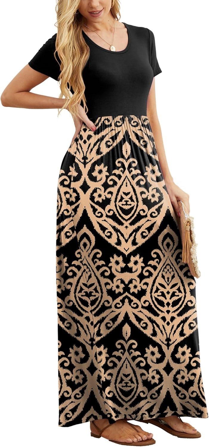 GRECERELLE Women Summer Casual Maxi Long Dress Short Sleeve Crew Neck with Pockets, Size S-3XL